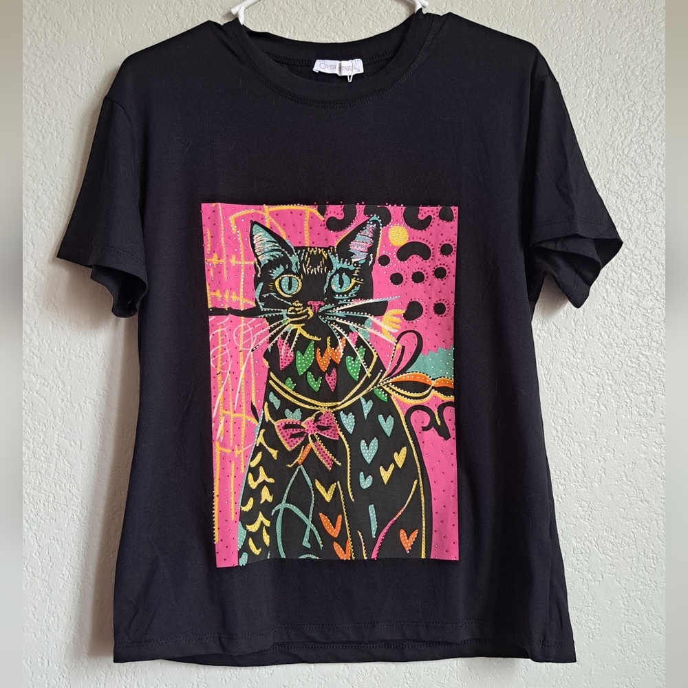 NWT Womans Black Pink Gem Sequin Rhinestone Embelished Cat Graphic Print Tee S